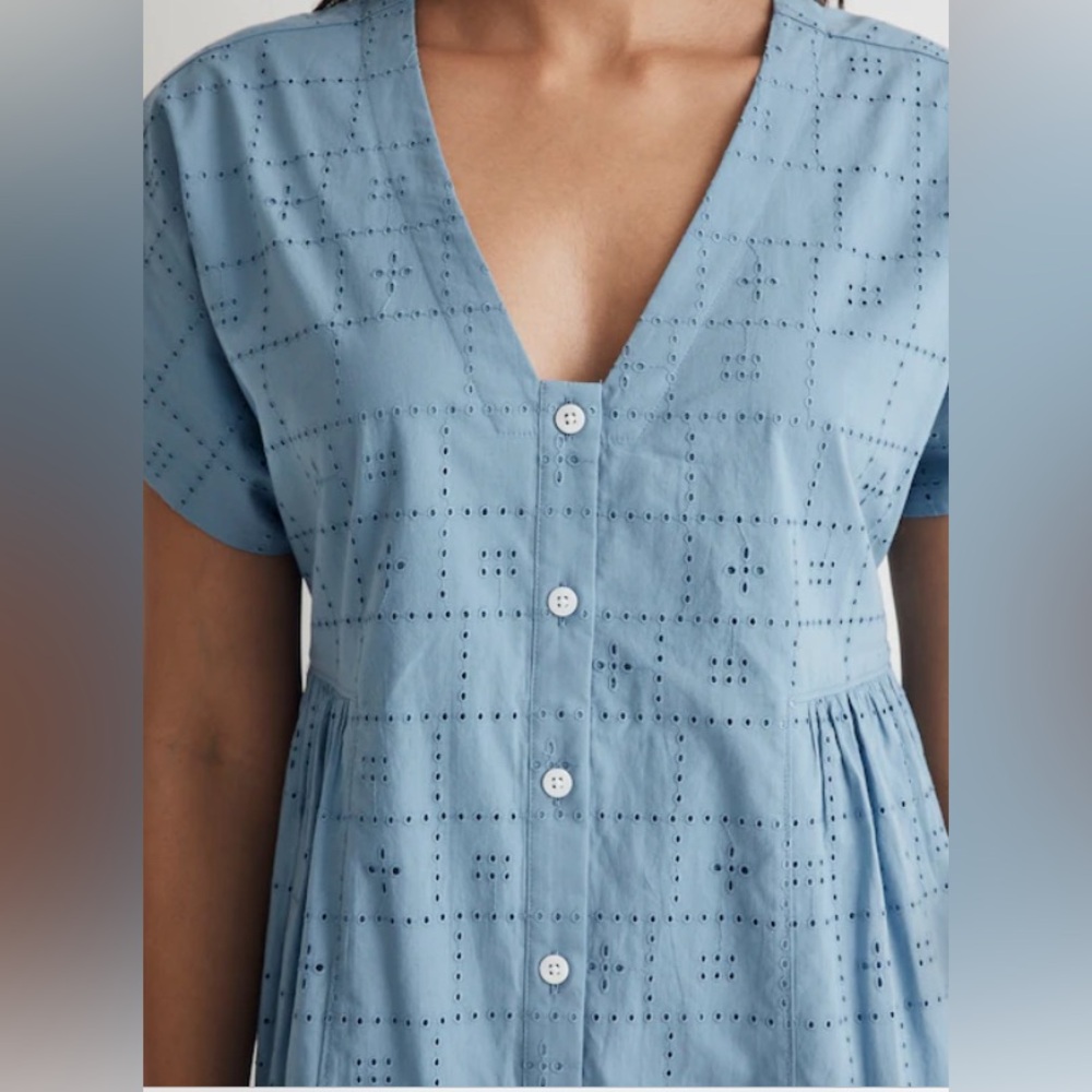 Madewell Tranquil Lake Blue Eyelet Button Front V-Neck Mini Dress SIZE XL - Picture 5 of 10